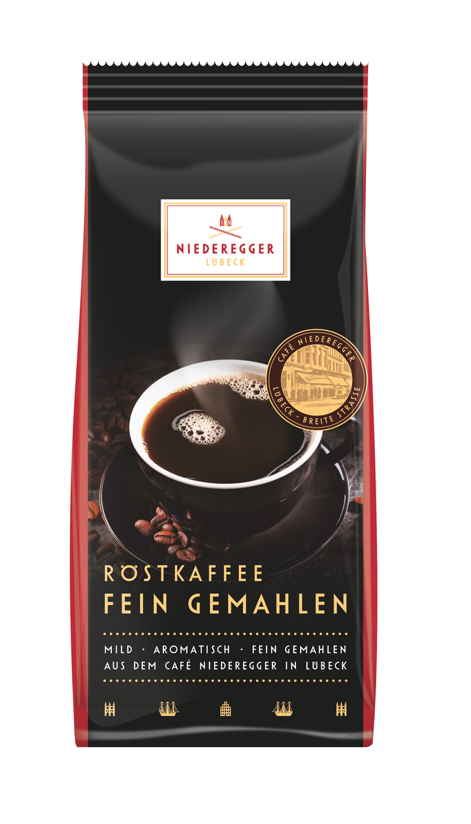 Röstkaffee gemahlen, 250 g Packung – Produktbild zeigt gemahlenen Kaffee als Kaffeezubereitung
