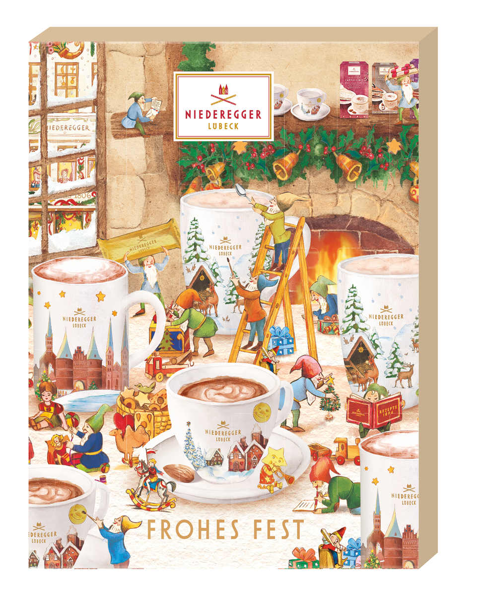 Adventskalender Heißgetränke Frohes Fest, 548 g Nettogewicht, Frontansicht der Verpackung.