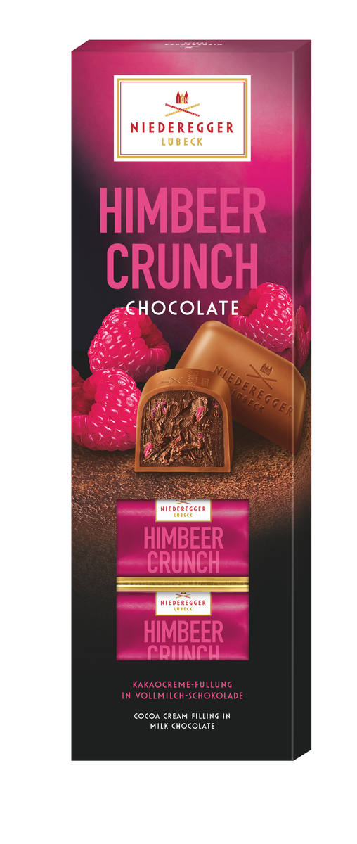 Pralinen Himbeer Crunch Chocolate, 100 g, Pralinen aus Vollmilch- und Zartbitter-Schokolade mit Himbeercrunch.