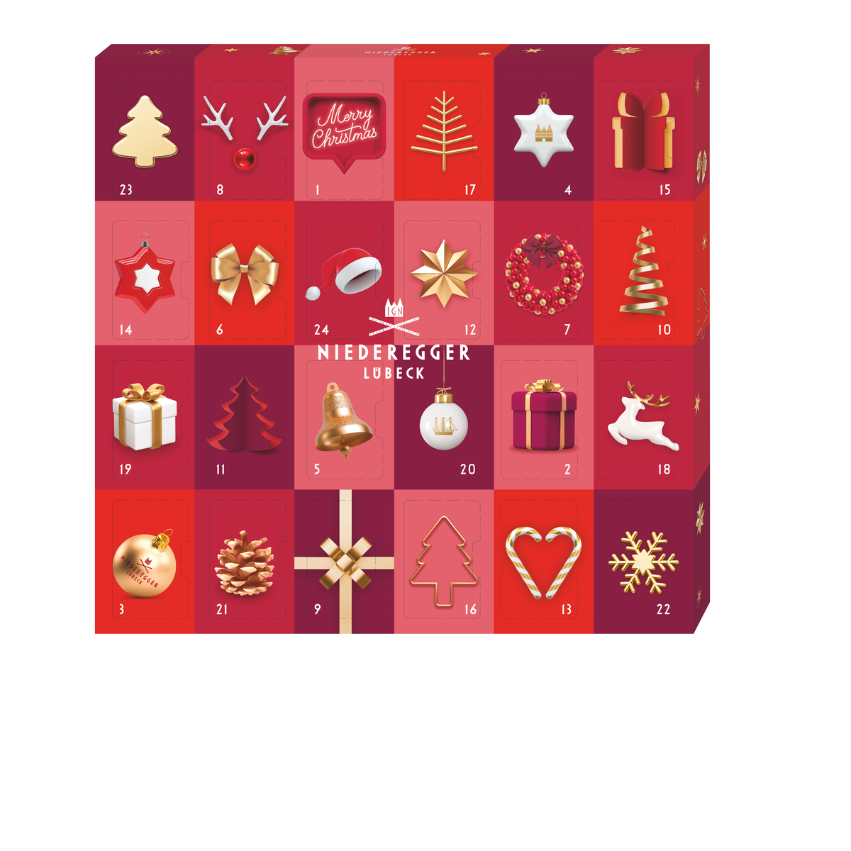 Adventskalender Mini-Glamour, Zartbitter-Schokolade 27% Kakaoanteil, Nettogewicht 168 g