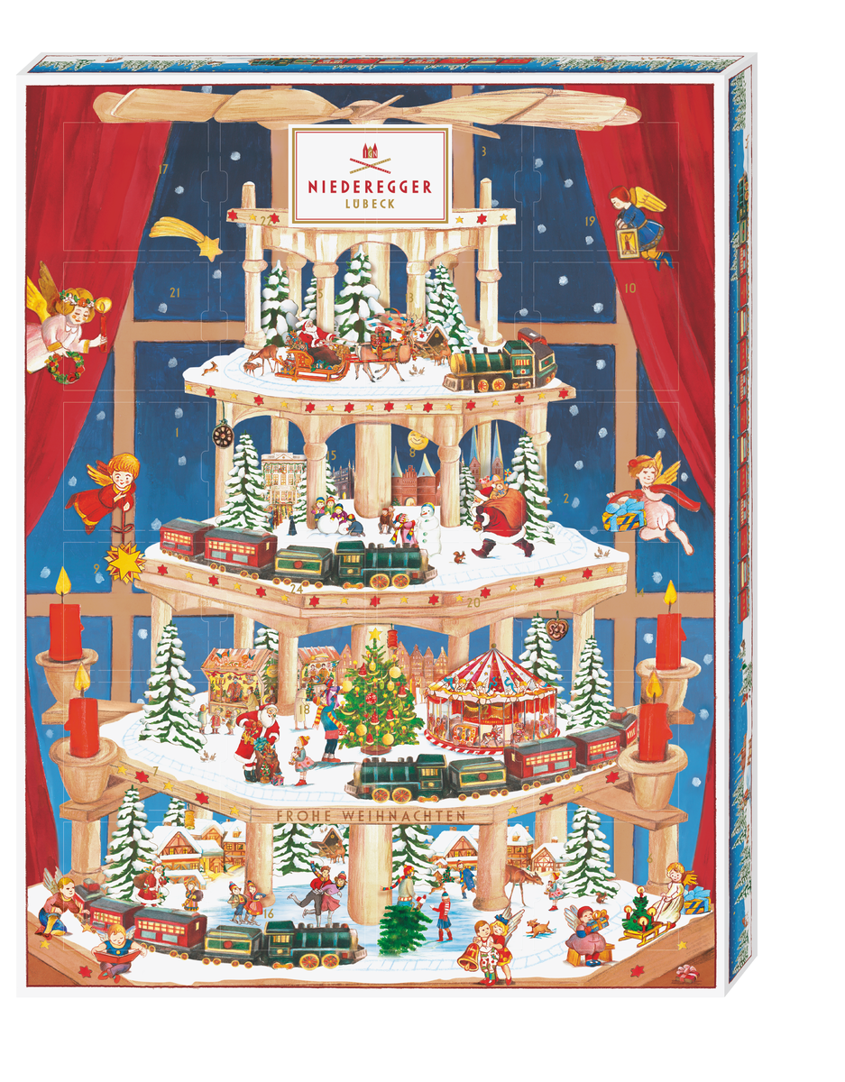 Adventskalender Motiv Pyramide 300 g Adventskalender Motiv Pyramide, Schokoladenkalender, 300 g Nettogewicht, Sichtbares Motiv Pyramide aus Schokolade