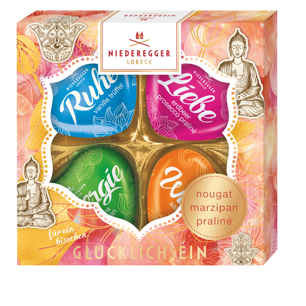 Herzen-Soriment Buddha – Schokoladenherz-Set, Mischung aus weißer, Vollmilch- und Zartbitter-Schokolade, 50 g