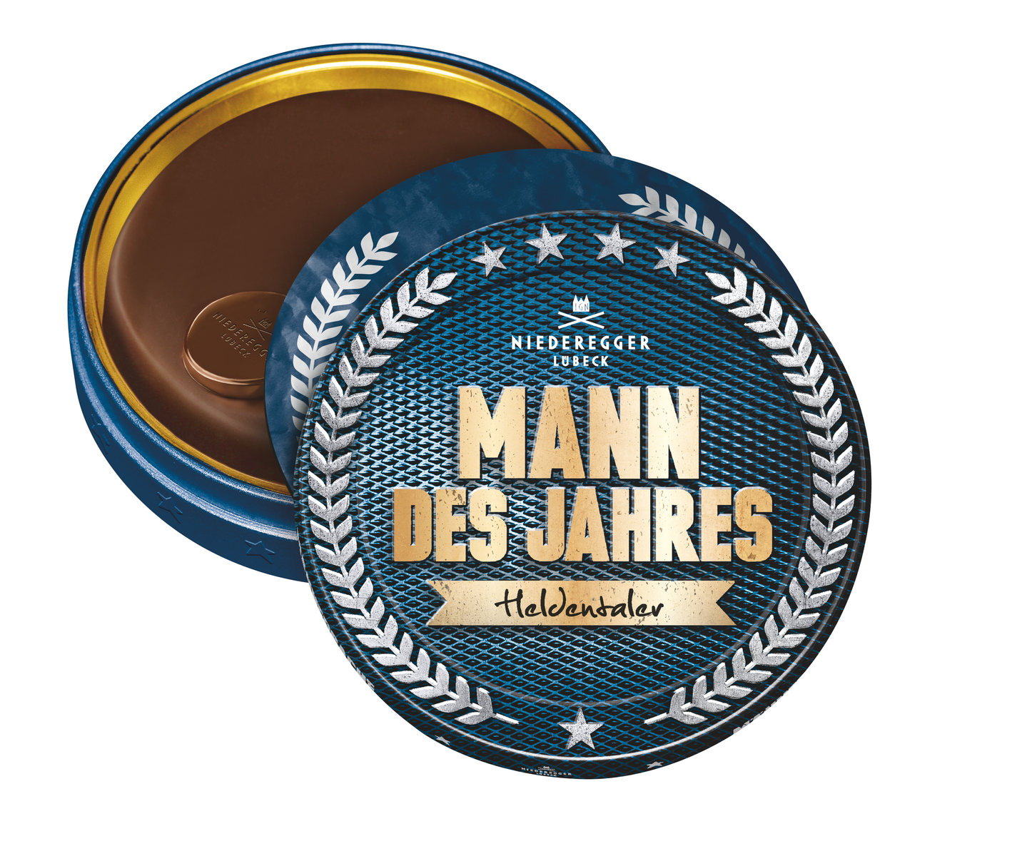 Marzipan-Torte Dose Mann des Jahres, 185 g. Sichtbare Verpackung mit Mandelanteil und Zartbitter-Schokolade.