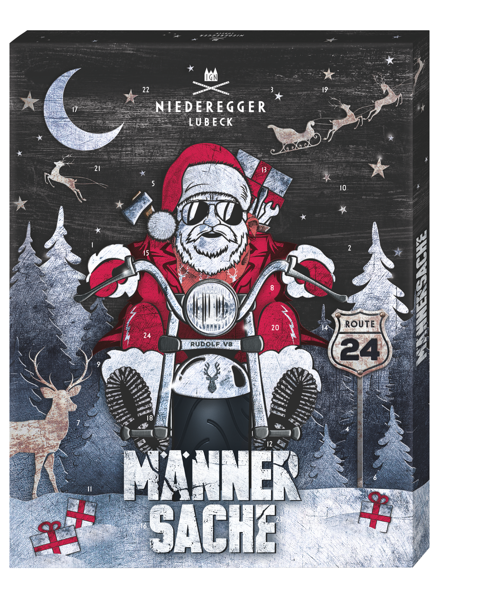 Adventskalender Männersache, 300 g, Schokoladenkalender aus Vollmilch-Schokolade, Zartbitter- und weiße Schokolade