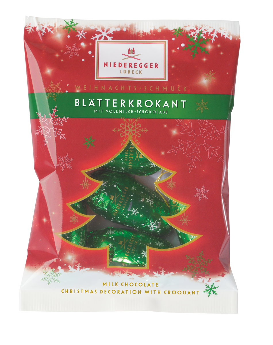 Weihnachts-Schmuck Blätterkrokant, Vollmilchschokolade 22%, mit Blätterkrokant, Nettogewicht 85 g