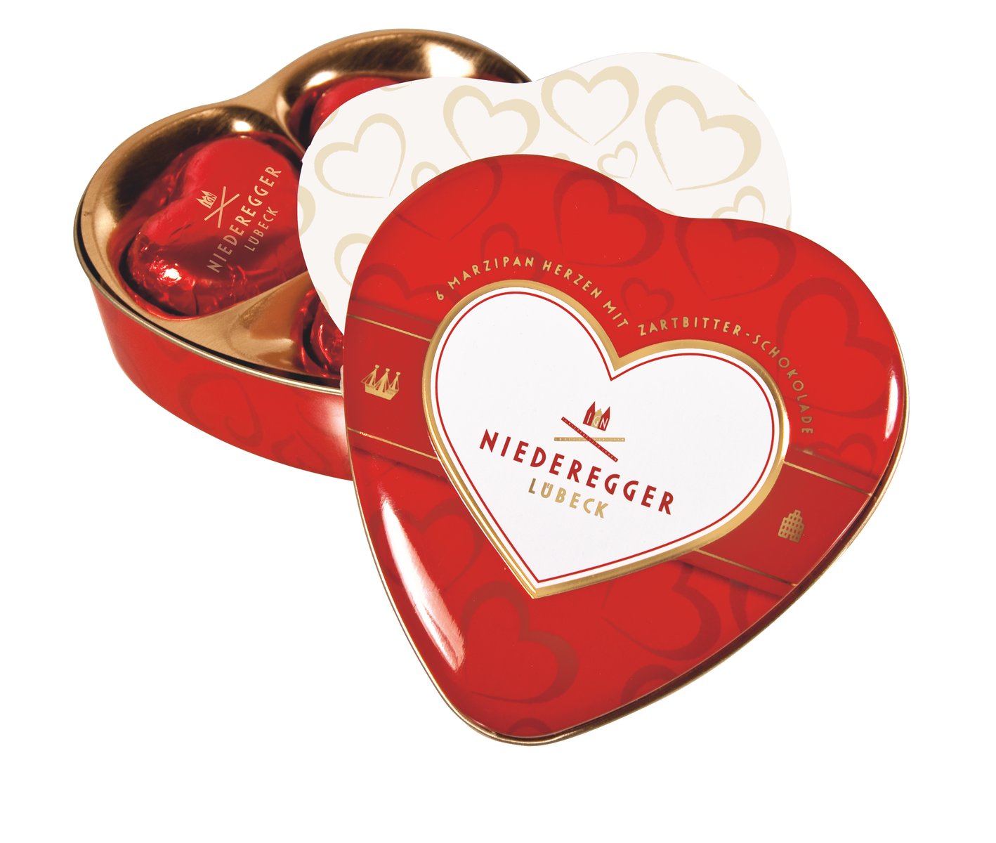 Marzipan Herzen Geschenkdose mit Zartbitter-Schokolade und Mandeln, 75 g Nettogewicht
