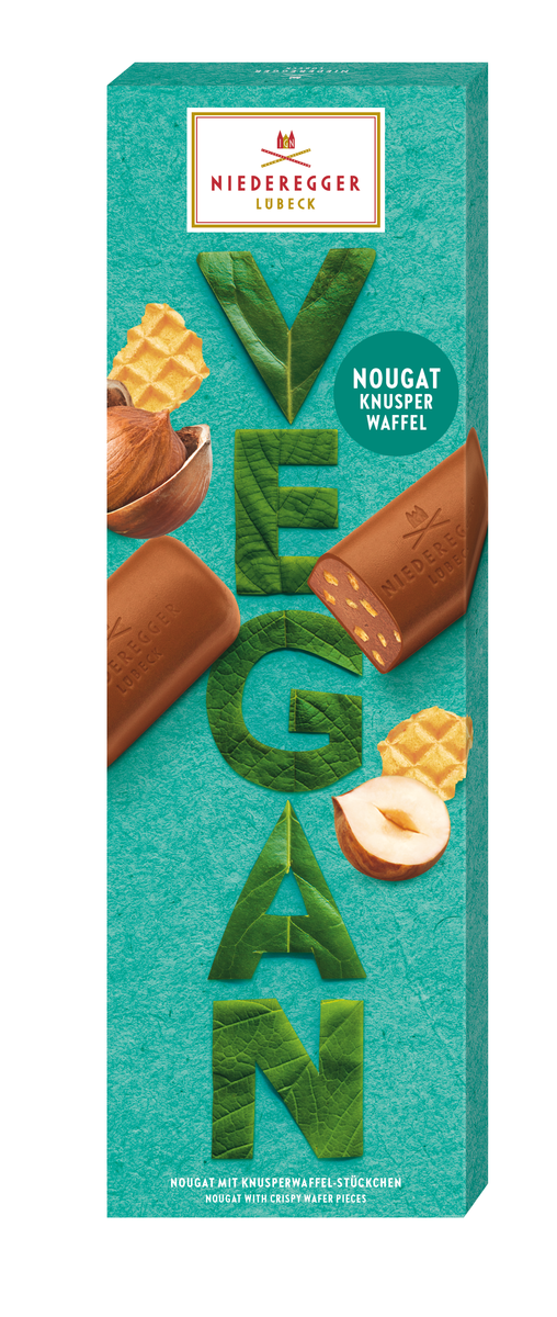 Veganer Nougat Klassiker Knusperwaffel, Haupt-Artikelbild, 100 g Packung, Produktbild der veganen Waffel